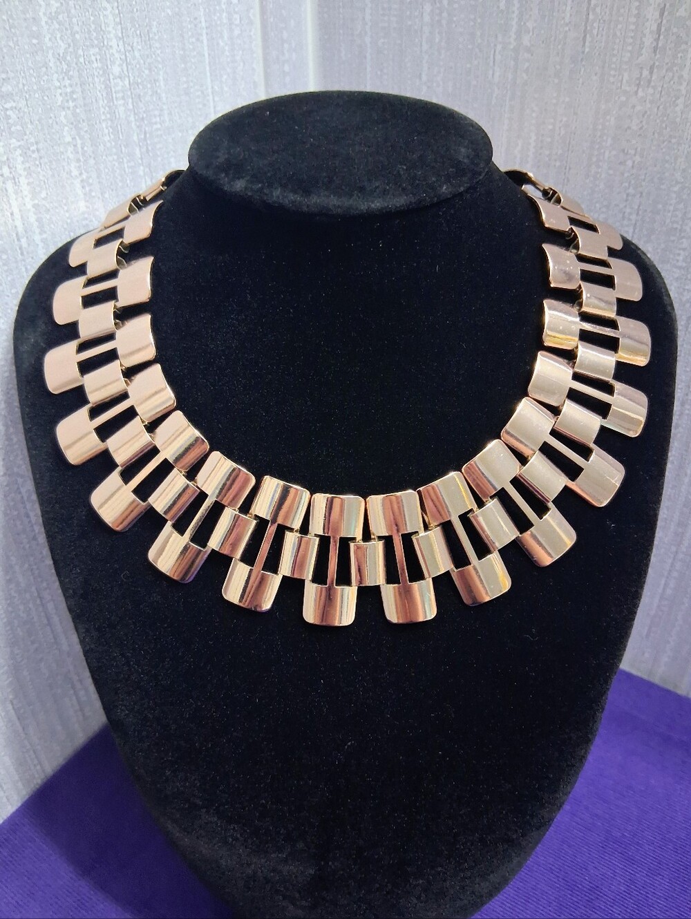 Vintage 60s Ethnic Revival Necklace Gold Tone Brick Link Statement Jewelry - Picture 2 of 11
